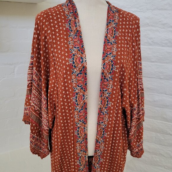 Angie Womens Kimono Duster Small Long Rust Orange Red Floral Polka Dot Pattern - Picture 2 of 10